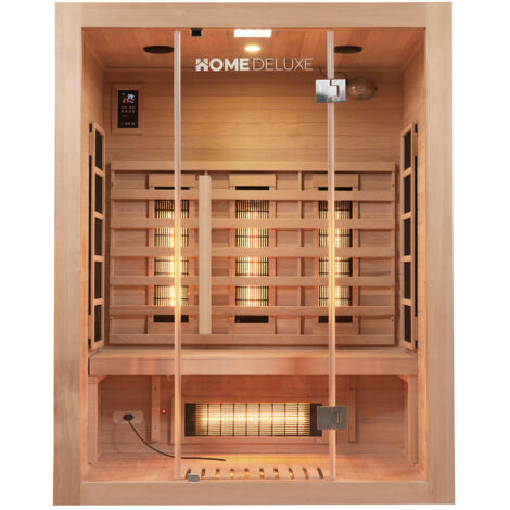 Home Deluxe – Cabine infrarouge 3 places – 150 x 120 x 190 cm – 6 lampes à spectre complet – Hemlock canadien – Luminothérapie incluse