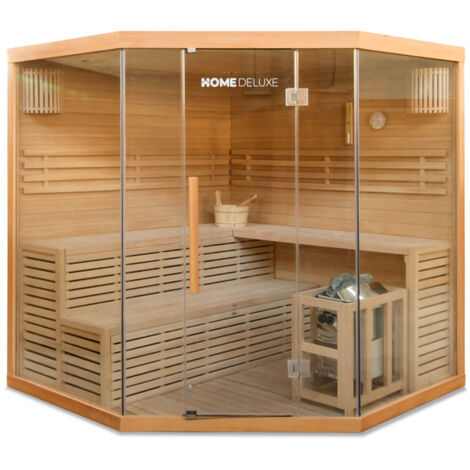 Home Deluxe – Sauna traditionnel 6 places – Dimensions 200 x 200 cm – Bois de sapin Hemlock – Poêle finlandais 8 kW – Isolation thermique optimale