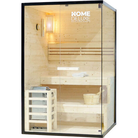 Home Deluxe – Sauna traditionnel 2 places 120 x 120 cm – Poêle 3,6 kW – Verre panoramique – Bois épicéa – Inclus : pierres, louche, thermomètre