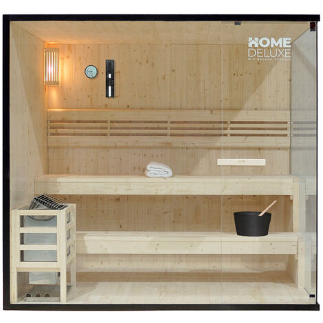 Home Deluxe – Sauna traditionnel 5 personnes – Dimensions 200 x 150 cm – Façade vitrée en verre de sécurité – Intérieur en bois d'épicéa naturel
