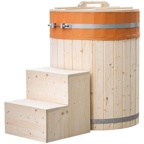 Home Deluxe – Fût de bain en bois ARUM 1 personne – Diamètre 72,4 cm – Hauteur 100 cm – Revêtement PVC étanche – Escalier inclus