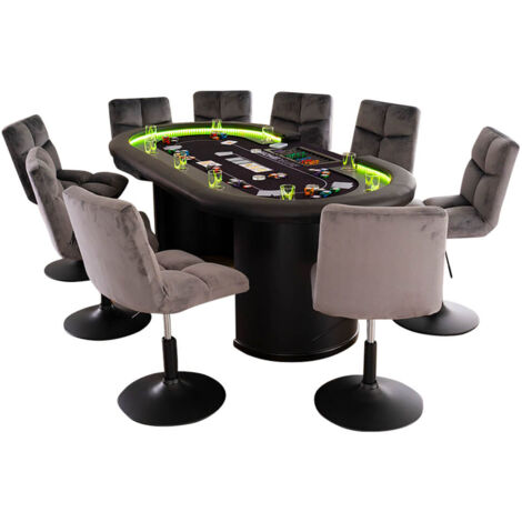 Home Deluxe – Table de poker LED FULL HOUSE avec 6 chaises – Éclairage intégré – 215 x 106 x 78 cm – 9 porte-boissons en acier inoxydable