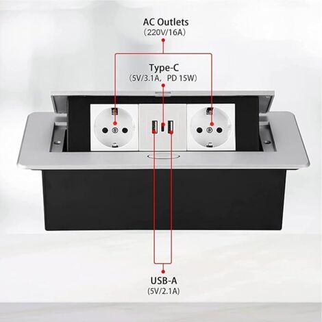 Einbausteckdose, silberne Arbeitsplatten-Steckdosenleiste, einziehbare Steckdosenleiste mit 2 Steckdosen und USB-Anschluss und TypeC-Anschluss, Küchenarbeitsplattensteckdose, modulares 1,8-m-Kabel