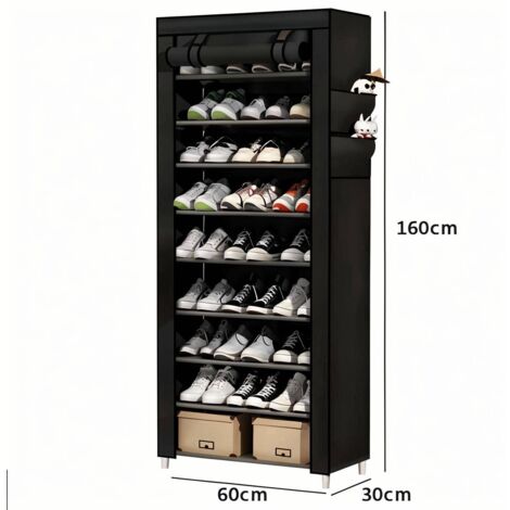 Schuhschrank 60 x 30 x 160 cm, Schwarzer Schuhschrank, Schuhregal, 10-fach Stoff, mit Schutzhülle, für High Heels, Hausschuhe und Sportschuhe
