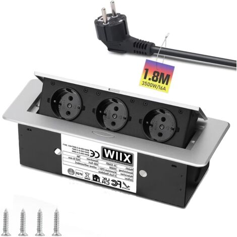 Prise escamotable en aluminium, 3500W/16A/230V, plan de travail à 3 compartiments, prise à encastrer, multiprise de table avec câble de 1,8M, ininflammable à partir de 750°C/argent