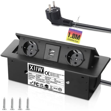 Prise encastrable escamotable en aluminium - 3500 W/16 A - 2 compartiments - Avec 2 ports USB - Multiprise pour plan de travail, cuisine, bureau - Multiprise avec câble de 1,8 m