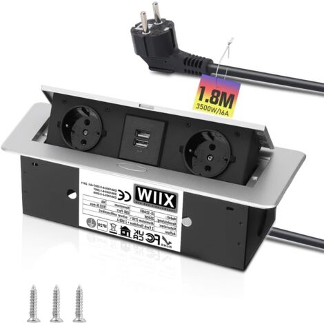 Prise encastrable escamotable en aluminium - 3500 W/16 A - 2 compartiments - Plateau de table encastré avec 2 ports USB - Multiprise pour plan de travail, cuisine, bureau - Multiprise avec câble de