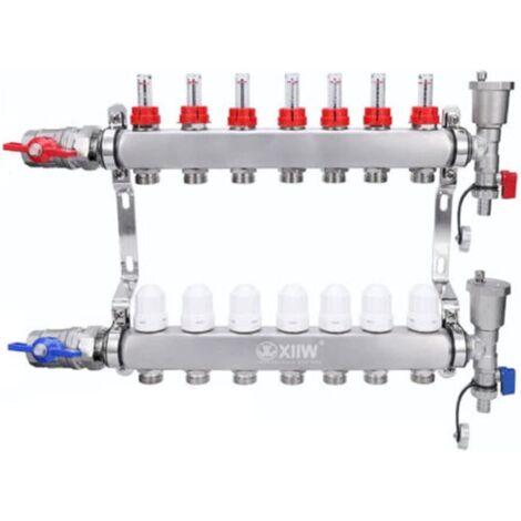 7 circuits de chauffage avec distributeur de circuit de chauffage comprenant des vannes à boisseau sphérique de 1 pouce, plancher chauffant avec purgeur manuel, débitmètre, raccords pour Eurocone 3/4