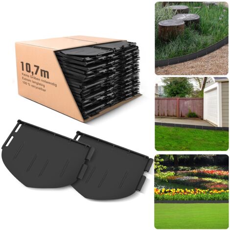 72 bordures de jardin en plastique noir, 10,7 m de long, 13 cm de haut. Flexibles et faciles à installer, idéales pour délimiter pelouses, plates-bandes et allées. Décoratives et résistantes.