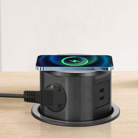 Bande de prises encastrable pour table, prise de table à 3 prises avec chargeur sans fil (2 USB 3.1A, 15W, câble de 1,8m, 3680W), prise encastrable pour plan de travail, multiprise, D 120mm.