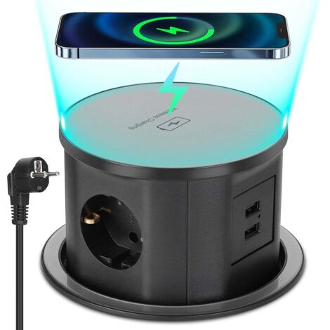Prise escamotable avec 2 ports USB-A, bande de prises encastrable à 3 prises avec chargement sans fil USB-A, prise encastrable escamotable pour plan de travail de cuisine, 15W/16A, câble de 1,8 m