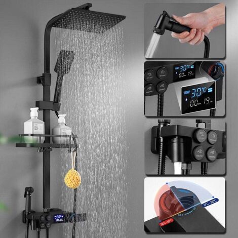 Ensemble de douche à barre thermostatique en noir avec affichage de la température LED, colonne de douche avec étagère, 3 modes de jet, barre de douche réglable de 80 à 120 cm, 4 fonctions.