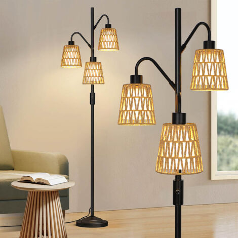 Lampadaire à 3 Flammes avec Abat-Jour en Rotin-Variateur Infini 0-100%&Abat-Jour Interchangeables pour Salon/Chambre (1/5)