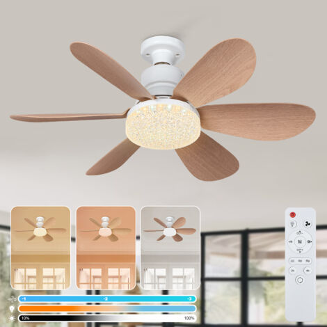 ROSNEK Lampe ventilateur de plafond E27 40W, ventilateur plafonnier LED à visser avec télécommande, lumière dimmable 3000-6500K, 3 vitesses, marron effet bois (1/5)