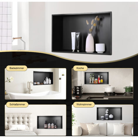 Niche Douche Encastrable, 10,2x33x63,5 Cm, Niche Murale Acier Inoxydable Sans Cadre, Étagère Salle De Bain Étanche, Facile à Nettoyer, Pour Stockage Savon Shampoing Douche Salle De Bains, Noir | FR