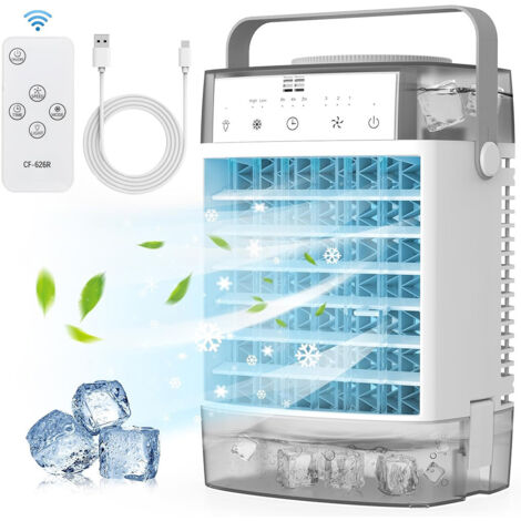 Climatiseur Mobile 4 en 1 Rafraichisseur d'air Silencieux Gris,Double Bac 1600ml Double Nébuliseur Rideau Refroidissant Timer USB,Chambre/Camping
