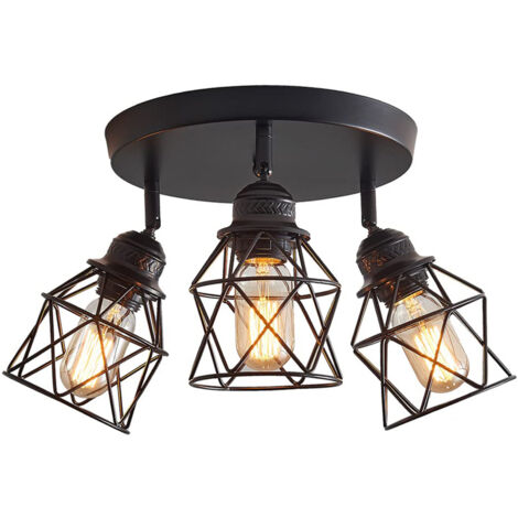 Plafonnier Industriel vintage 3 lampes sans Ampoule,Réglable,360° Rotation,Métal Résistant pour Cuisine/Couloir (1/5)