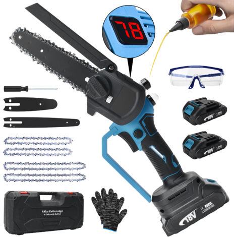 Pro Mini Tronçonneuse sans Fil 8 / 6 Pouces 450W à Batterie Brushless Electrique Portable Scie à Chaîne Compatible 18V pour Jardinage, Elagueurs, Coupes à Bois,4 Chaînes,2 batterie,1 Chargeur