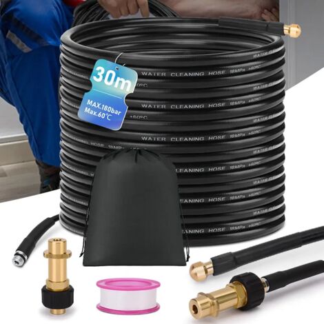 Kit de Tuyau de Nettoyage de Canalisationsde 30m, 180 Bar, avec Sacavec Adaptateur M22, Kit de Nettoyage Universel, Compatible avec Les Nettoyeurs Haute Pression K2, K3, K4, K5, K6, K7, 4 Jets