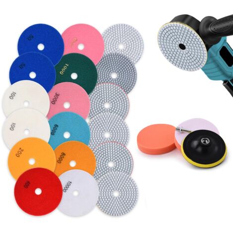 Lot de 16 Tampons de Polissage Diamant,125mm Patins de Ponçage, avec Support en Caoutchouc M14 et Feutre de Laine, pour Marbre, Granit, Béton, Carrelage, Pierre,50-10000 pour Meuleuses D'angle, Forets