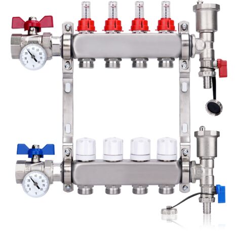 Kit Collecteur Radiateur, 4 Circuits Distributeur Chauffage, avec Thermomètreavec, Vannes à Boisseau Sphérique 1", avec Purgeur Manuel et Débitmètre, Raccords pour Eurocône 3/4, Distributeur HKV