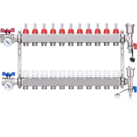 Kit Collecteur Radiateur, 11 Circuits Distributeur Chauffage, avec Thermomètreavec, Vannes à Boisseau Sphérique 1", avec Purgeur Manuel et Débitmètre, Raccords pour Eurocône 3/4, Distributeur HKV