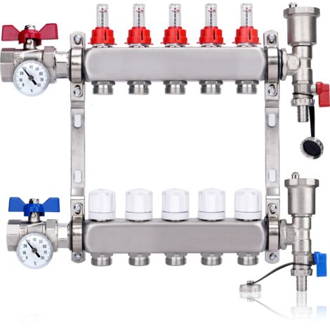 Kit Collecteur Radiateur, 5 Circuits Distributeur Chauffage, avec Thermomètreavec, Vannes à Boisseau Sphérique 1", avec Purgeur Manuel et Débitmètre, Raccords pour Eurocône 3/4, Distributeur HKV