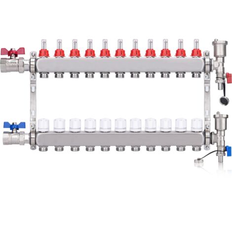 Kit Collecteur Radiateur, 11 Circuits Distributeur Chauffage, avec Vannes à Boisseau Sphérique 1", avec Purgeur Manuel et Débitmètre, Raccords pour Eurocône 3/4, Distributeur HKV