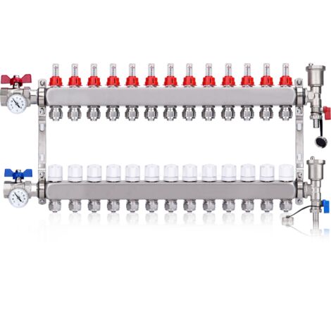 Kit Collecteur Radiateur, 13 Circuits Distributeur Chauffage, avec Thermomètreavec, avec Eurocône 3/4 (16 x 2 mm), Vannes à Boisseau Sphérique 1", avec Purgeur Manuel et Débitmètre, Distributeur HKV