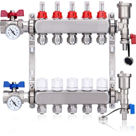 Kit Collecteur Radiateur, 5 Circuits Distributeur Chauffage, avec Thermomètreavec, avec Eurocône 3/4 (16 x 2 mm), Vannes à Boisseau Sphérique 1", avec Purgeur Manuel et Débitmètre, Distributeur HKV