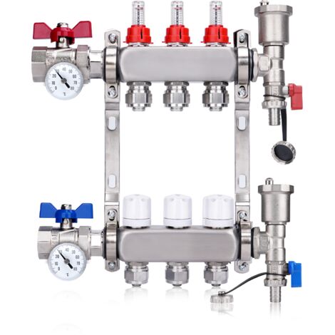 Kit Collecteur Radiateur, 3 Circuits Distributeur Chauffage, avec Thermomètreavec, avec Eurocône 3/4 (16 x 2 mm), Vannes à Boisseau Sphérique 1", avec Purgeur Manuel et Débitmètre, Distributeur HKV