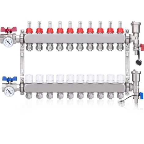Kit Collecteur Radiateur, 10 Circuits Distributeur Chauffage, avec Thermomètreavec, avec Eurocône 3/4 (16 x 2 mm), Vannes à Boisseau Sphérique 1", avec Purgeur Manuel et Débitmètre, Distributeur HKV