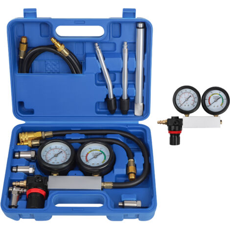 12 pièces Kit de Testeur de compression avec deux jauges - 0-7 bars / 0-100 PSI - dans un Coffret