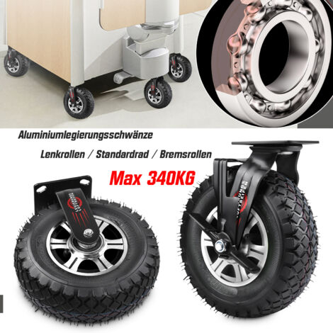 Lot de 2 Roulette Pivotantes Ø 250 x 90 mm, 340Kg, Roues Pneumatiques Alliage d'aluminium, Modèle Pivotantes, pour Manutention et Transport