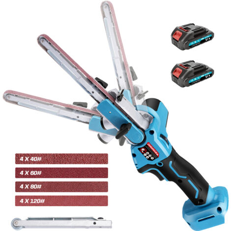 XIIW - Ponceuse à Bande Portable, Sans Fil, 630 m/min, 16 Bandes Abrasives, 9& 13 mm Bras de Ponçage, Sans Balais, Compatible Makita 18 V,  Batterie x 2