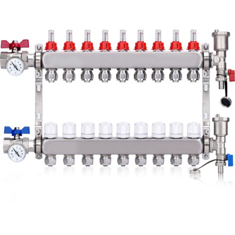 Kit Collecteur Radiateur, 9 Circuits Distributeur Chauffage, avec Thermomètreavec, avec Eurocône 3/4 (20 x 2 mm), Vannes à Boisseau Sphérique 1", avec Purgeur Manuel et Débitmètre, Distributeur HKV