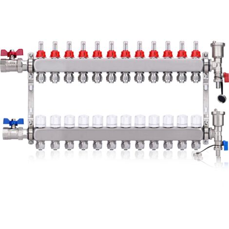 Kit Collecteur Radiateur, 12 Circuits Distributeur Chauffage, avec Eurocône 3/4 (20 x 2 mm), Vannes à Boisseau Sphérique 1", avec Purgeur Manuel et Débitmètre, Distributeur HKV