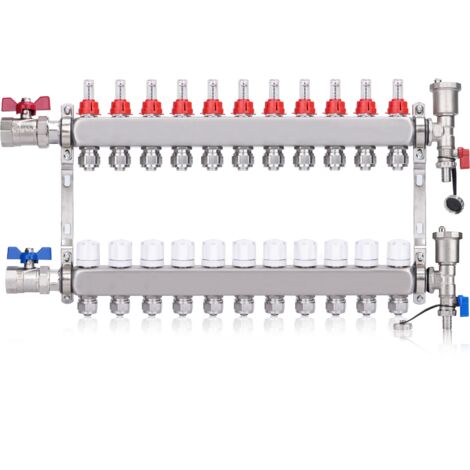 Kit Collecteur Radiateur, 11 Circuits Distributeur Chauffage, avec Eurocône 3/4 (20 x 2 mm), Vannes à Boisseau Sphérique 1", avec Purgeur Manuel et Débitmètre, Distributeur HKV