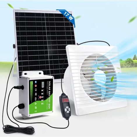 150mm Ventilateur Extraction Solaire, avec 6000 mAh Batterie Externe  17W/36dB, IP65, Silencieux et puissant, Minuteur Réglable, Pour Poulailler, Hangar, Serres