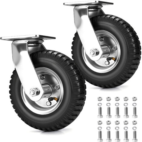 Lot de 2 Roulette Pivotante Gonflable, Ø 220mm 200Kg Max, 360° Roues Pneumatiques, Modèle Pivotantes, pour Manutention et Transport