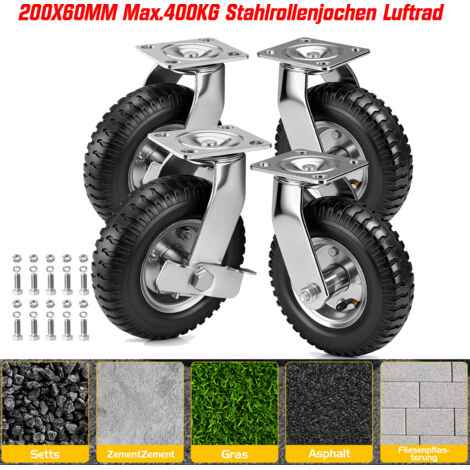Lot de 4 Ø 220 mm Roulette Pivotantes Gonflable+ Roulette à frein, Charge 300Kg max, 360° Roues Pneumatiques, pour Manutention et Transport