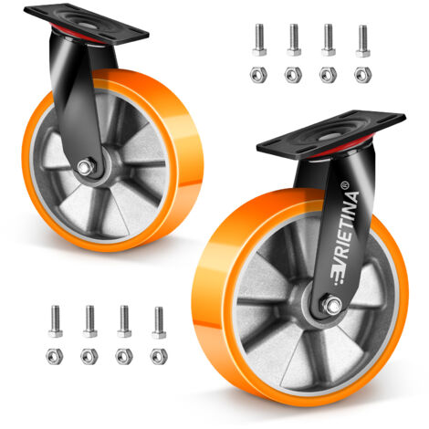 Lot de 2 Roulettes Pivotantes Ø200mm, Jusqu'à 1000KG, Roulettes Charge Lourde Rotation à 360°, avec Noyau en Aluminium Roulettes Caoutchouc, Roulettes Industrielles Robustes
