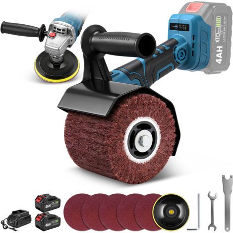 3-En-1 Décapeur à rouleaux 1200 W Satineuse/ Ponceuse / Rénovateur –3 Vitesse réglable 5500-9000 tr/min – 2x 4,0Ah Batterie, Broche M14 Avec brosses 120x100 mm, Compatible avec Batteries Makita
