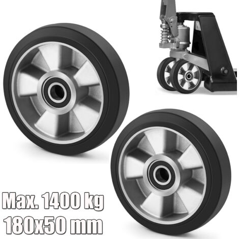 Lot de 2 Roulettes de Transpalette Caoutchouc 180 x 50 mm, 1400 kg Max noyau acier inoxydable, axe de 20 mm avec roulement à billes double montageaxe Roue pour matériel d'atelier chariots manuels