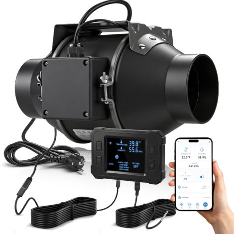 100 mm Ventilateur d’extraction 360 m³/h WiFi APP, EC-Moteur 35 W 3000 RPM, avec Variateur de Fréquence, 35-53 dB Extracteur Aérateur de Gaine, Extracteur d’air pour Garage Tentes de Culture