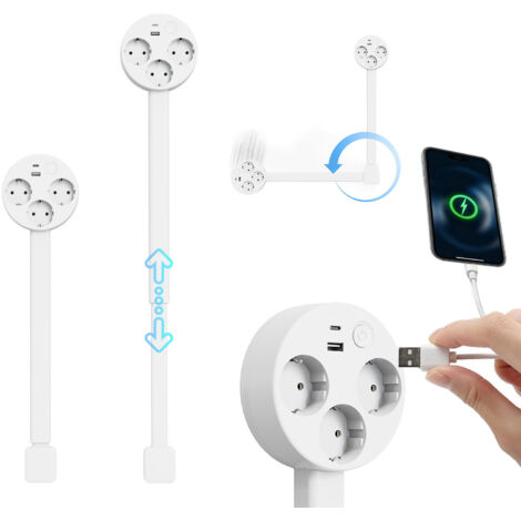 Multiprise Électrique 1500W, 47 - 67cm Extensible, avec 3 Prises, 1 USB-C, 1 USB-A, Interrupteur, Rotation à 360°