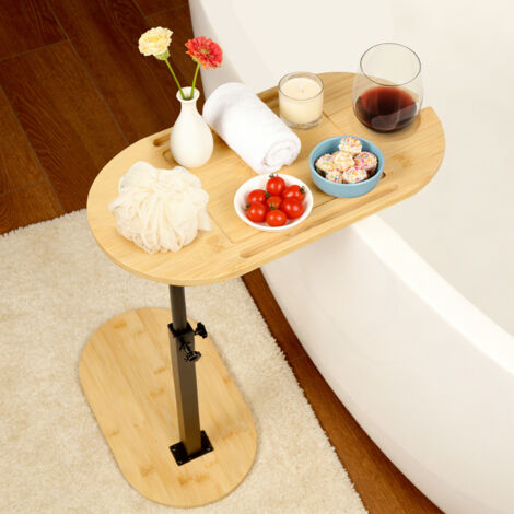 Bout de Canapé de Salon en Bambou, avec Fente pour téléphone et Tablette, Table de Chevet Réglable, table d'appoint pour baignoire, Petite Table d'Appoint pour Salon, Chambre, Bureau (1/5)