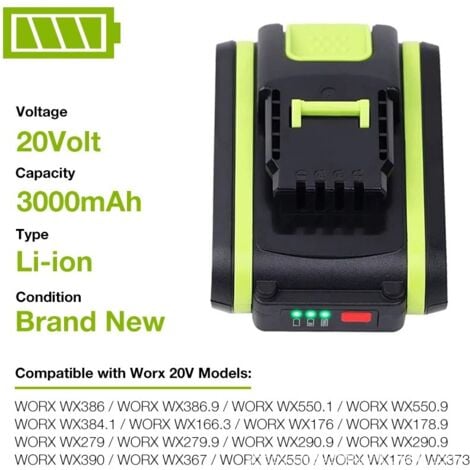 Lithium Battery Replaces Worx 20V 3AH WA3551 WG169 WA3516 3X372 Power Tool Battery