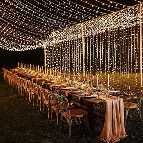 Outdoor String Lights, 6m x 3m 600 LED Curtain Lights, 8 Modes Waterproof Electric Christmas Lighting Window String Lights (Warm [Energy Class E]