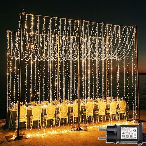 Outdoor String Lights, 6m x 3m 600 LED Curtain Lights, 8 Modes Waterproof Electric Christmas Lighting Window String Lights (Warm [Energy Class E]